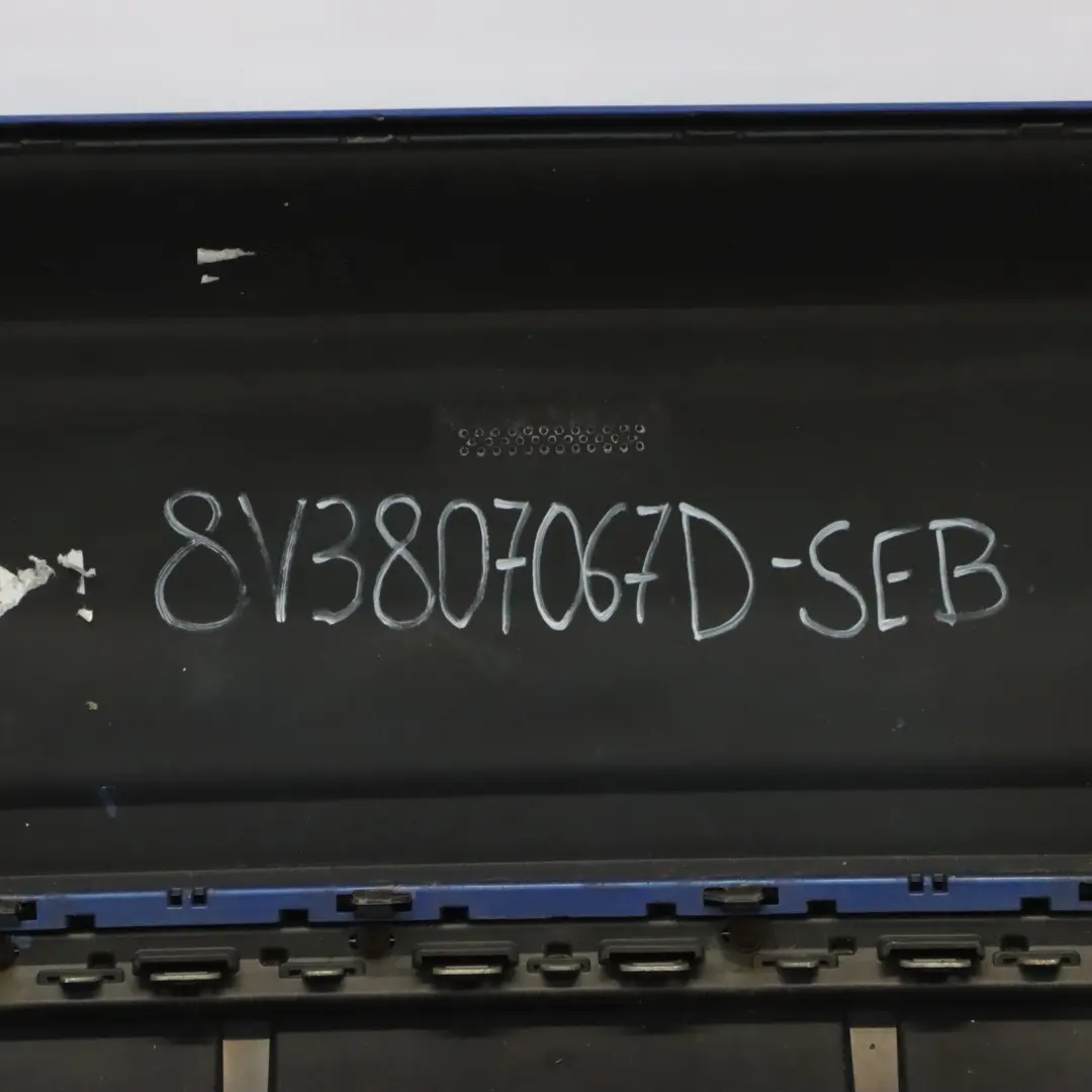 Bumper Trim Panel Covering Sepang Blue Pearlscent - Y5Q to Audi S3 8V Rear with Part number 8V3807067D Audi S3 8V Rear Bumper Trim Panel Covering Sepang Blue Pearlscent - Y5Q - SKU 8V3807067D-SEB - Part number 8V3807067D