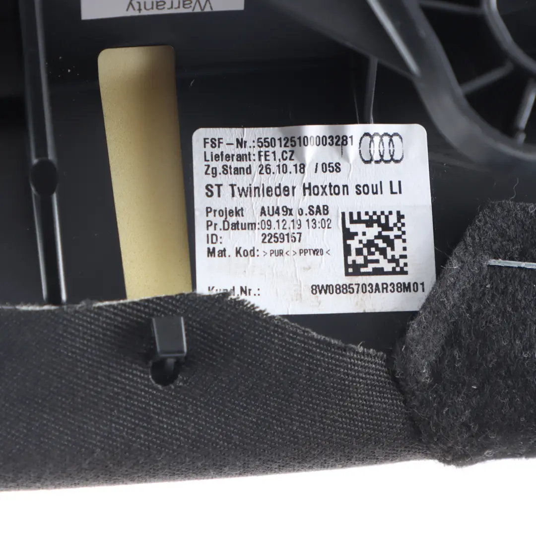 Back Seat Panel Side Bolster Black Leather Rear Right O/S to Audi A5 F5 with Part number 8W0885703AR Audi A5 F5 Back Seat Panel Side Bolster Black Leather Rear Right O/S - SKU 8W0885703AR - Part number 8W0885703AR