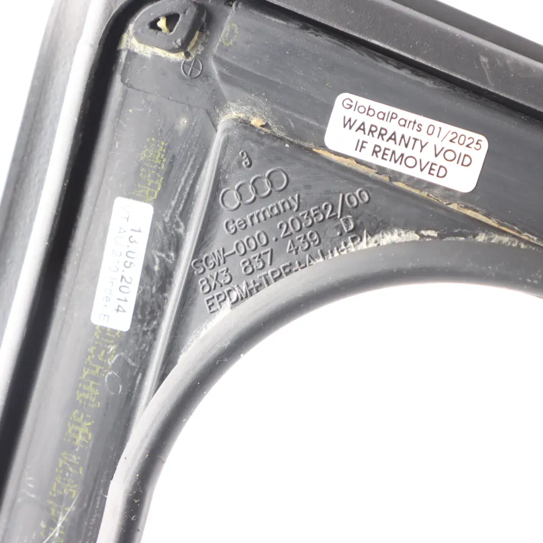 Door Window Guide Seal Gasket Rubber Front Left N/S 8X3837439D to Audi A1 8X 3 with Part number 8X3837439E Audi A1 8X 3 Door Window Guide Seal Gasket Rubber Front Left N/S 8X3837439D - SKU 8X3837439E - Part number 8X3837439E