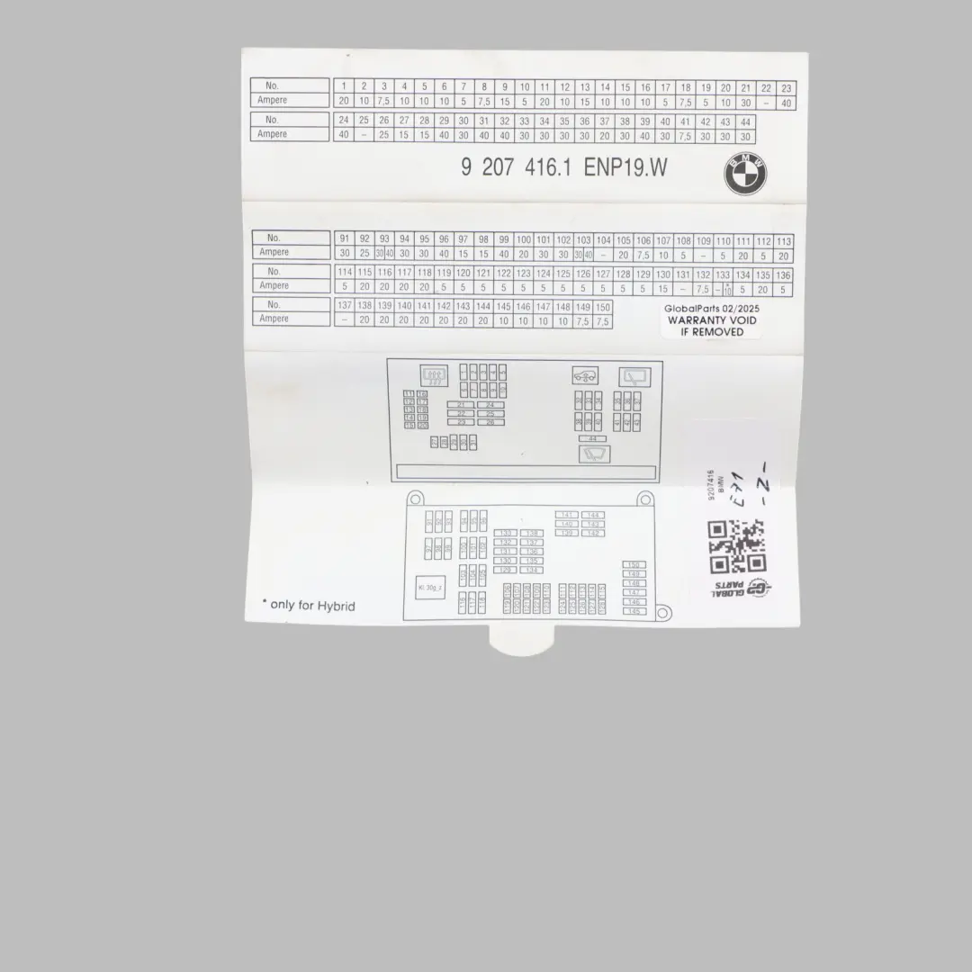 BMW X6 E71 Karte Sicherungs Kasten Gruppierung Diagramm - SKU 9207416 - Teilenummer 9207416
