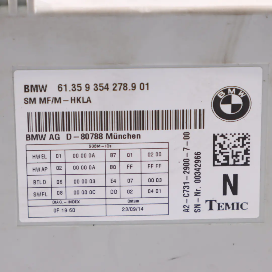 BMW F06 F07 GT F10 F11 F12 F13 Moduł Fotela - SKU 9354278 - Numer Części 9354278