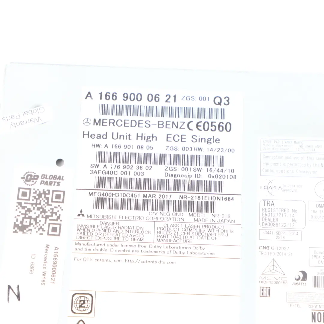 Radio Head Unit CD Audio Player Control Unit to Mercedes W166 with Part number A1669000621 Mercedes W166 Radio Head Unit CD Audio Player Control Unit - SKU A1669000621 - Part number A1669000621