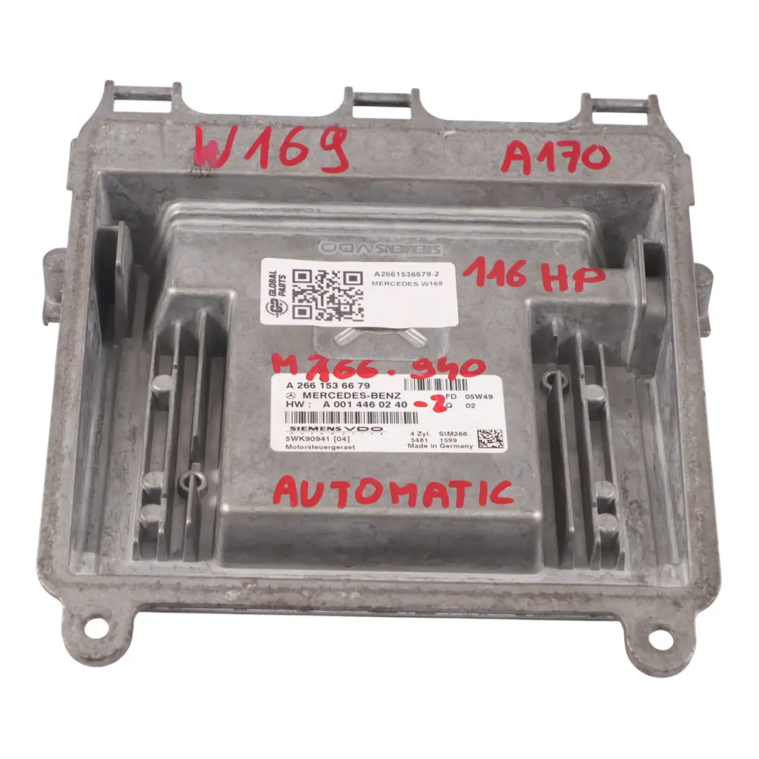 A170 M166.940 116HP Engine Unit Module ECU Automatic to Mercedes W169 with Part number A2661536679 Mercedes W169 A170 M166.940 116HP Engine Unit Module ECU Automatic - SKU A2661536679-2 - Part number A2661536679