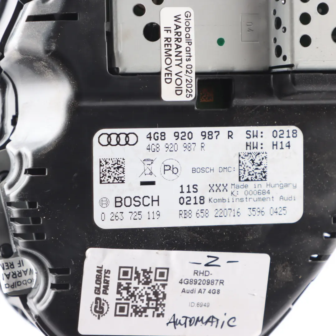 4G8 3.0 TDI Speedometer Instrument Cluster Aumomatic Gearbox to Audi A7 with Part number 4G8920987R Audi A7 4G8 3.0 TDI Speedometer Instrument Cluster Aumomatic Gearbox - SKU RHD-4G8920987R - Part number 4G8920987R
