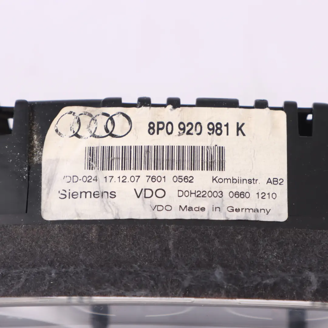 Instrument Cluster Speedometer Clocks Manual to Audi A3 8P Diesel with Part number 8P0920981K Audi A3 8P Diesel Instrument Cluster Speedometer Clocks Manual - SKU RHD-8P0920981K - Part number 8P0920981K