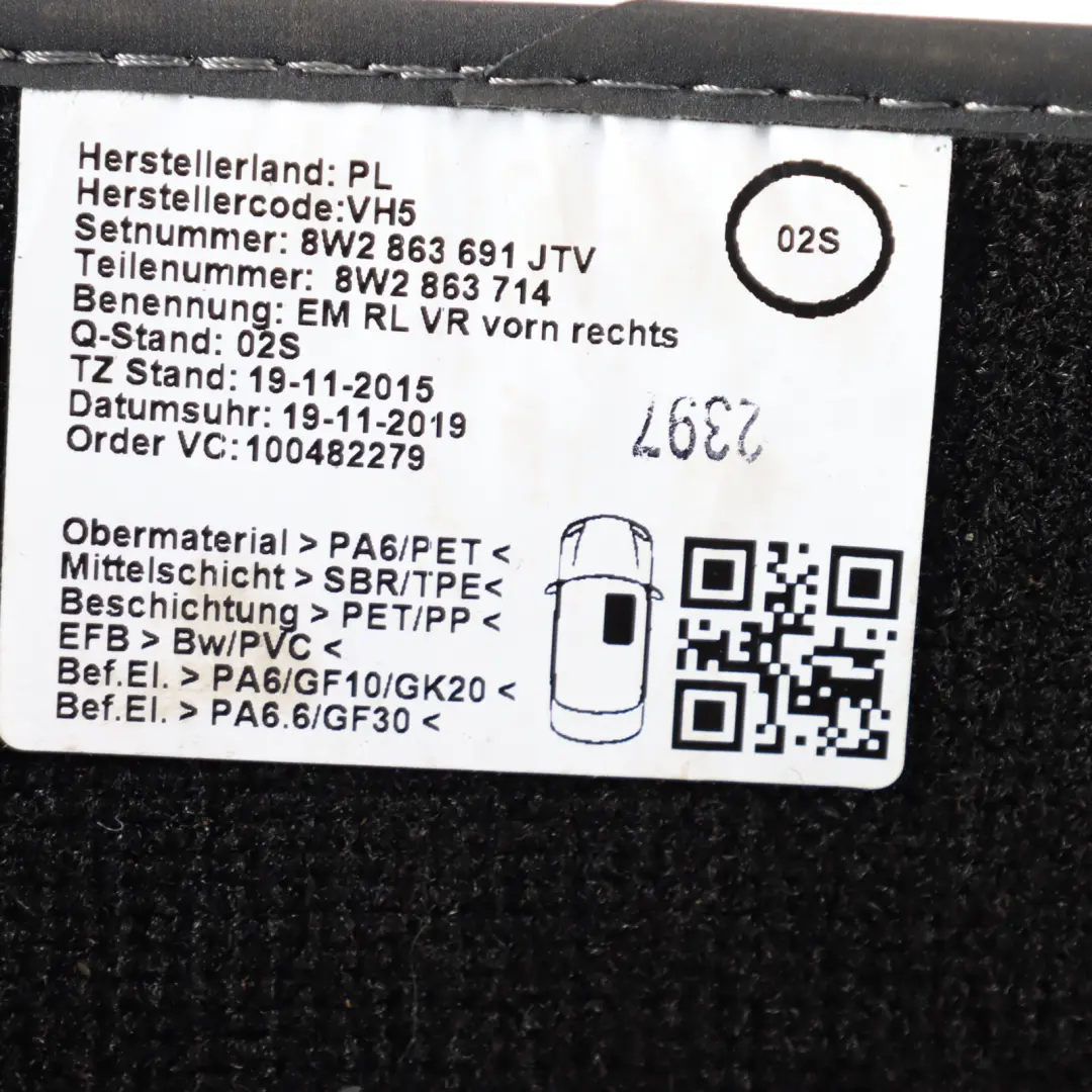 Audi A5 F5 Carpet Floor Mats Velour Soul Black Set Front Rear - SKU RHD-8W2863691-1 - Part number 8W2863691