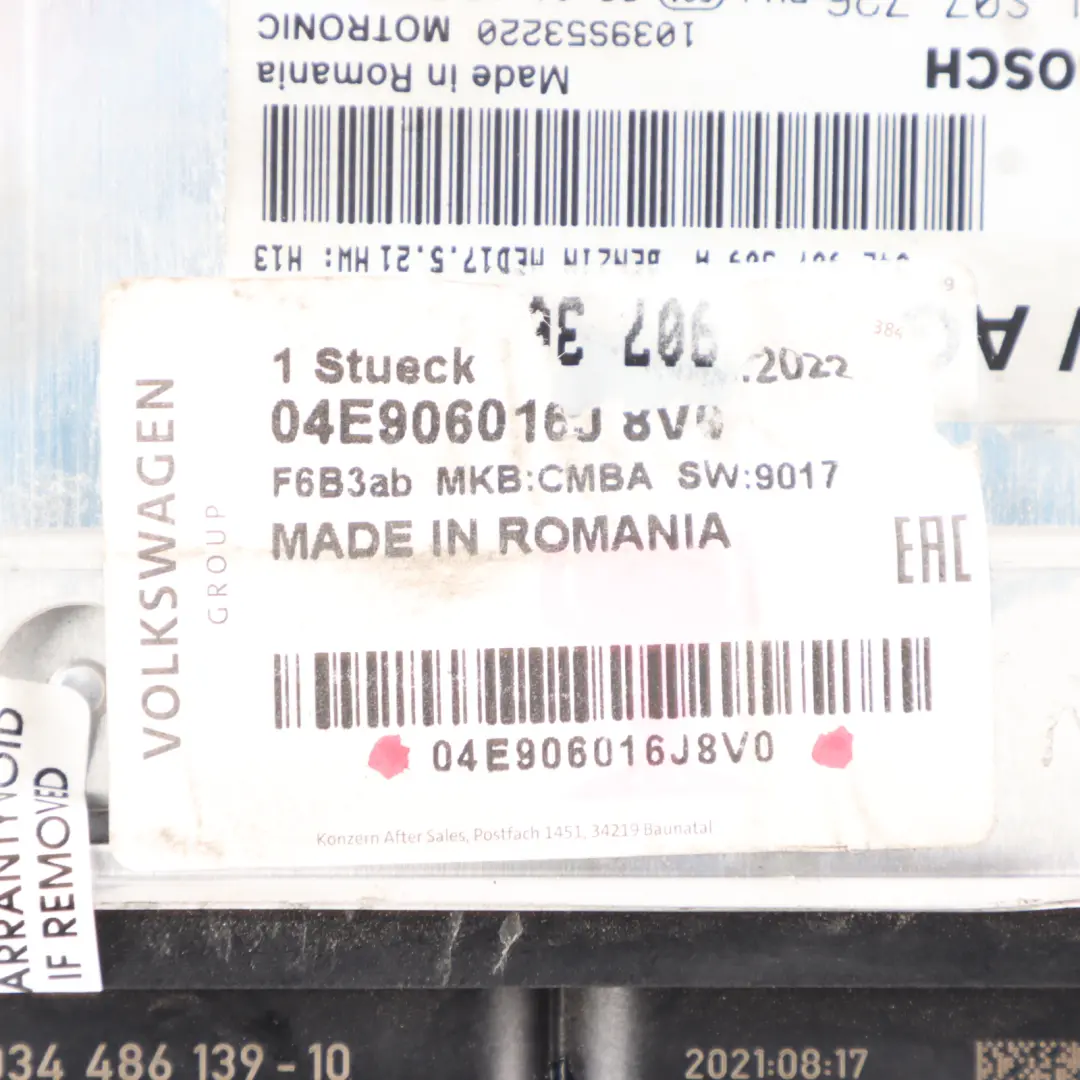 CMBA 122HP Engine ECU Kit + Key + Ignition Manual Audi A3 8V 1.4 TFSI - SKU 04E906016J-1 - Part number 04E906016J