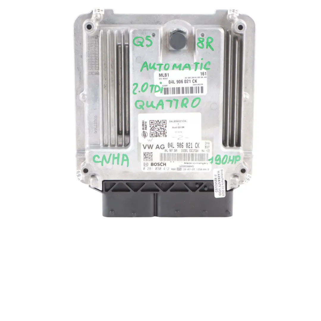 CNHA 190HP Engine ECU Kit 04L906021BG Automatic to Audi Q5 8R 2.0 TDI with Part number 04L906021CK Audi Q5 8R 2.0 TDI CNHA 190HP Engine ECU Kit 04L906021BG Automatic - SKU 04L906021CK-1 - Part number 04L906021CK