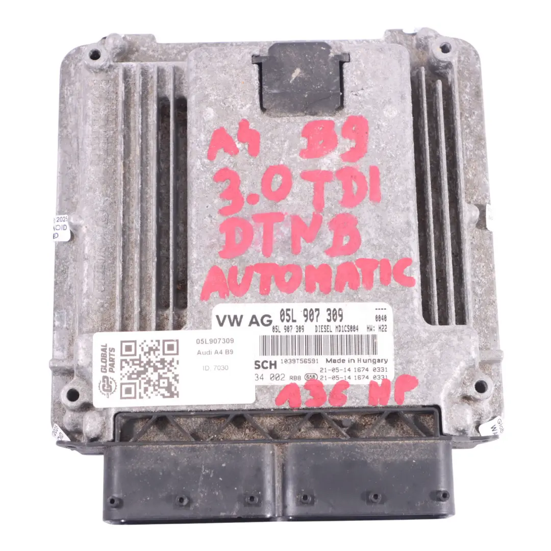 DTNB 136HP Unidad Control Motor ECU Automático para Audi A4 B9 A5 F5 30 TDI con número de pieza 05L907309 Audi A4 B9 A5 F5 30 TDI DTNB 136HP Unidad Control Motor ECU Automático - SKU 05L907309 - Número de pieza 05L907309