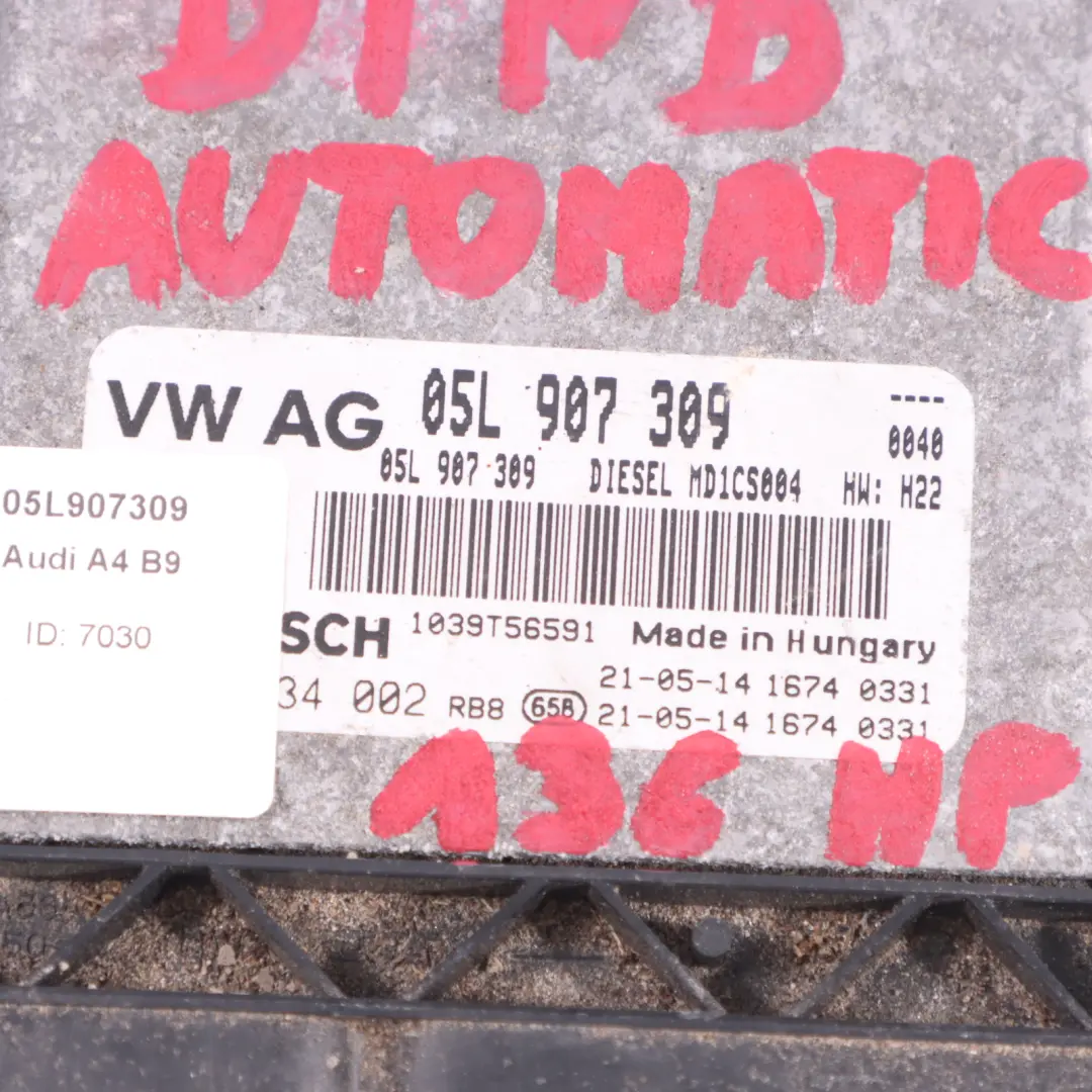 DTNB 136HP Unità Controllo Motore ECU Automatico per Audi A4 B9 30 TDI con numero di parte 05L907309 Audi A4 B9 30 TDI DTNB 136HP Unità Controllo Motore ECU Automatico - SKU 05L907309 - Numero di parte 05L907309