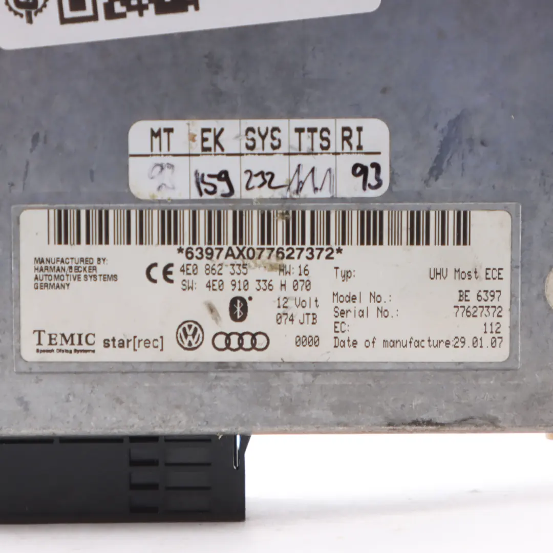 Moduł Bluetooth Telefonu ECU do Audi A6 C6 Q7 4L o numerze 4E0910336H Audi A6 C6 Q7 4L Moduł Bluetooth Telefonu ECU - SKU 4E0910336H - Numer Części 4E0910336H