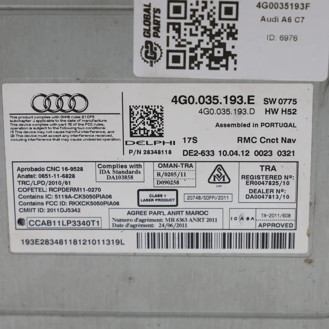 Audi A6 C7 MMI Multimedia Sat Nav Schalter Steuerung Kopfeinheit 4G0035193E - SKU 4G0035193F - Teilenummer 4G0035193F