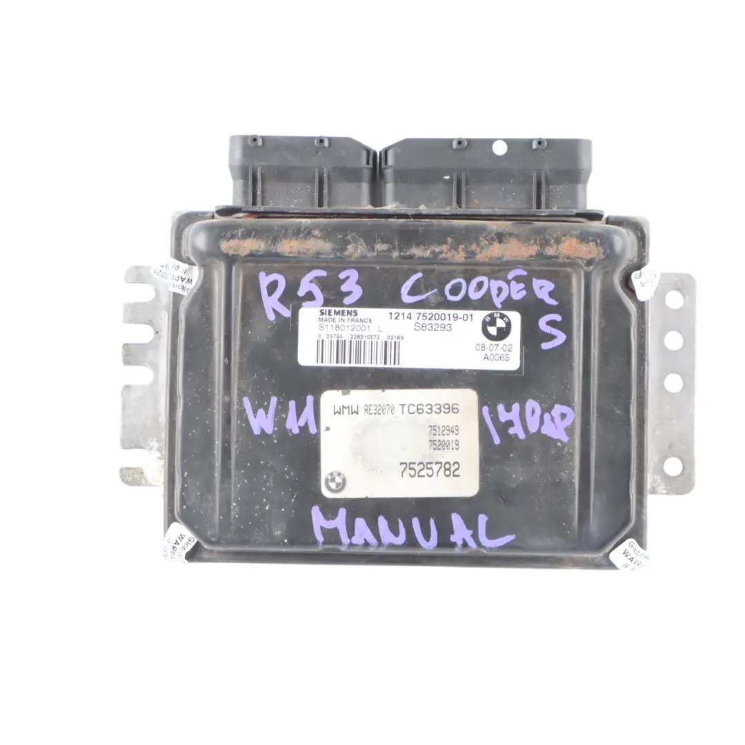MINI Cooper S R53 W11 170HP Motore ECU Kit DME EWS Chiave Manuale - SKU 7520019-6 - Numero di parte 7520019