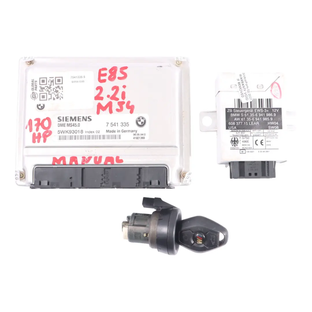 BMW Z4 E85 2.2I M54 170HP Kit ECU Control Motor DME EWS3 + Llave Manual - SKU 7541335-5 - Número de pieza 7541335