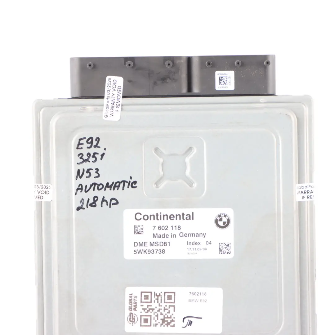 BMW E60 LCI E90 E91 325i 525i N53 Engine Control Unit ECU Automatic - SKU 7602118 - Part number 7602118