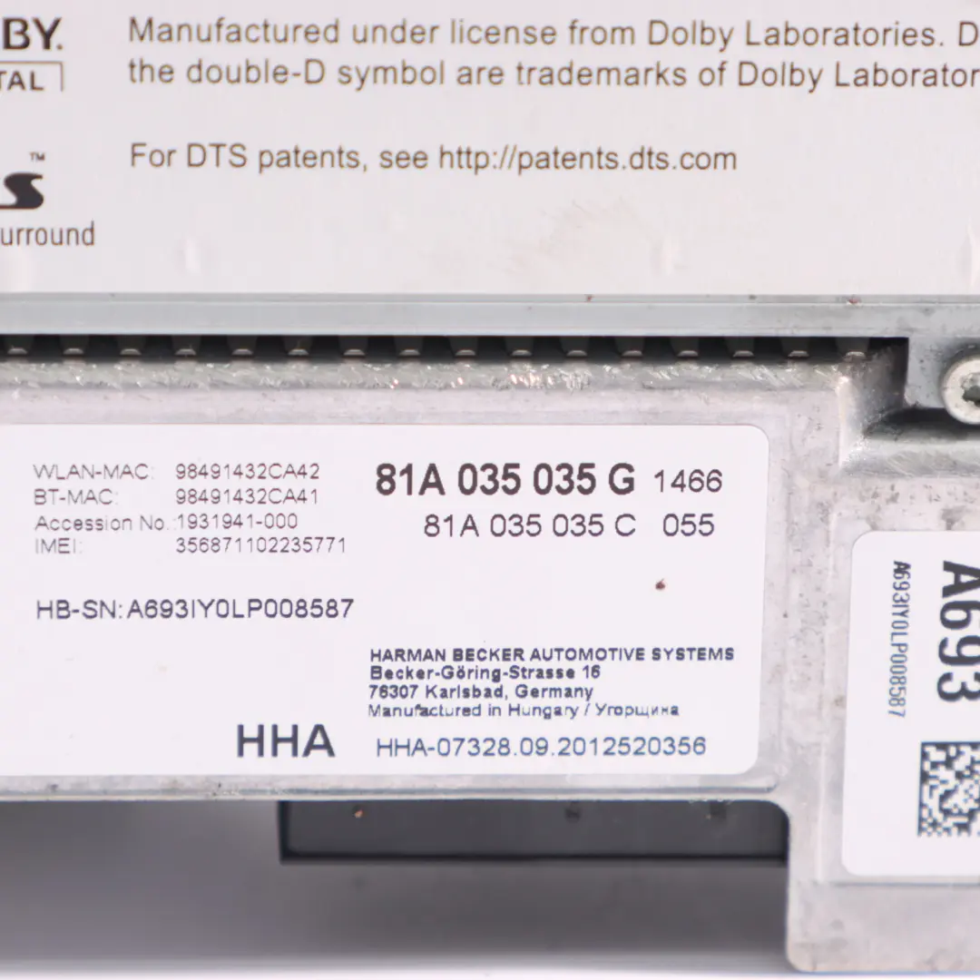 Audi Q2 GA Sat Nav Multimedia Control Unit Module SD SIM MIB2 HIGH - SKU 81A035035G - Part number 81A035035G