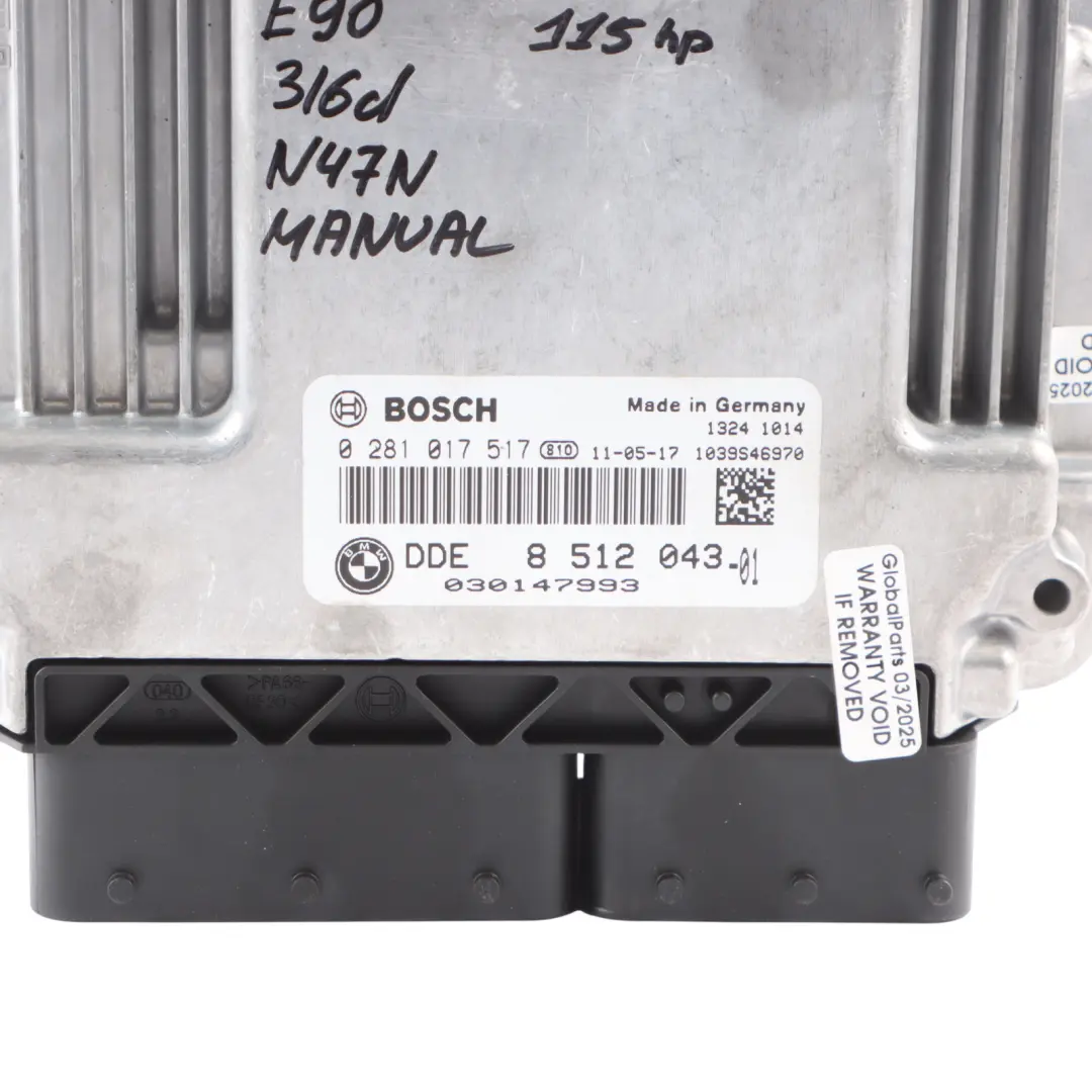 BMW E90 E91 LCI 316d N47N 115HP Engine ECU Kit DDE CAS3 Key Manual - SKU 8512043-6 - Part number 8512043