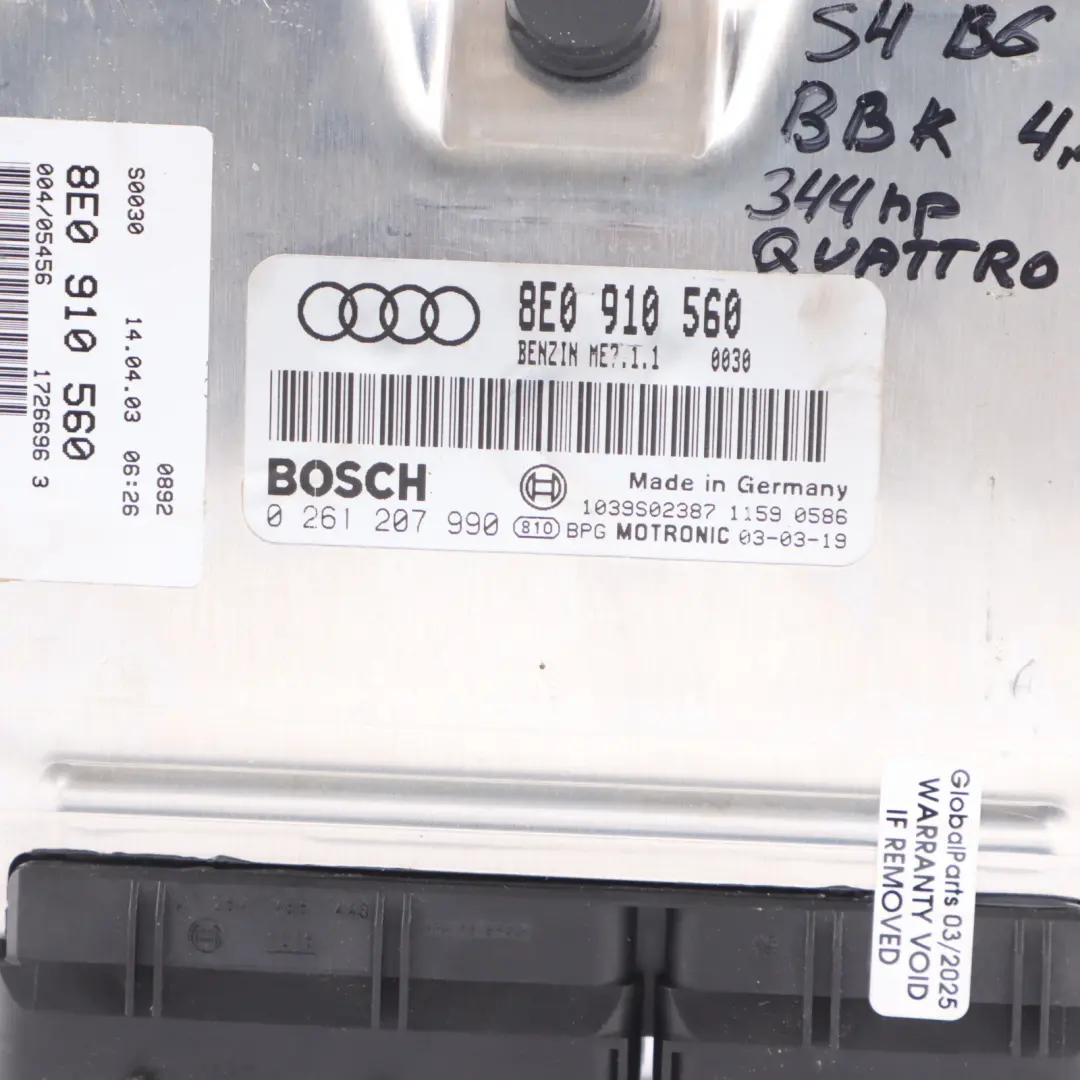 Audi S4 B6 4.2 V8 BBK Quattro 344HP Engine ECU Kit Ignition + 2 Keys - SKU 8E0910560-1 - Part number 8E0910560