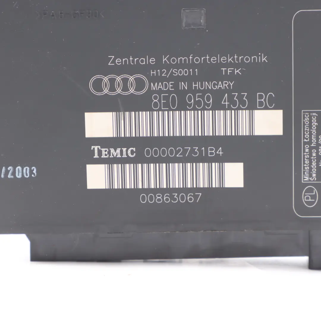 Body Control Comfort Unit Module BCM Convenience Unit to Audi A4 B6 with Part number 8E0959433BC Audi A4 B6 Body Control Comfort Unit Module BCM Convenience Unit - SKU 8E0959433BC - Part number 8E0959433BC