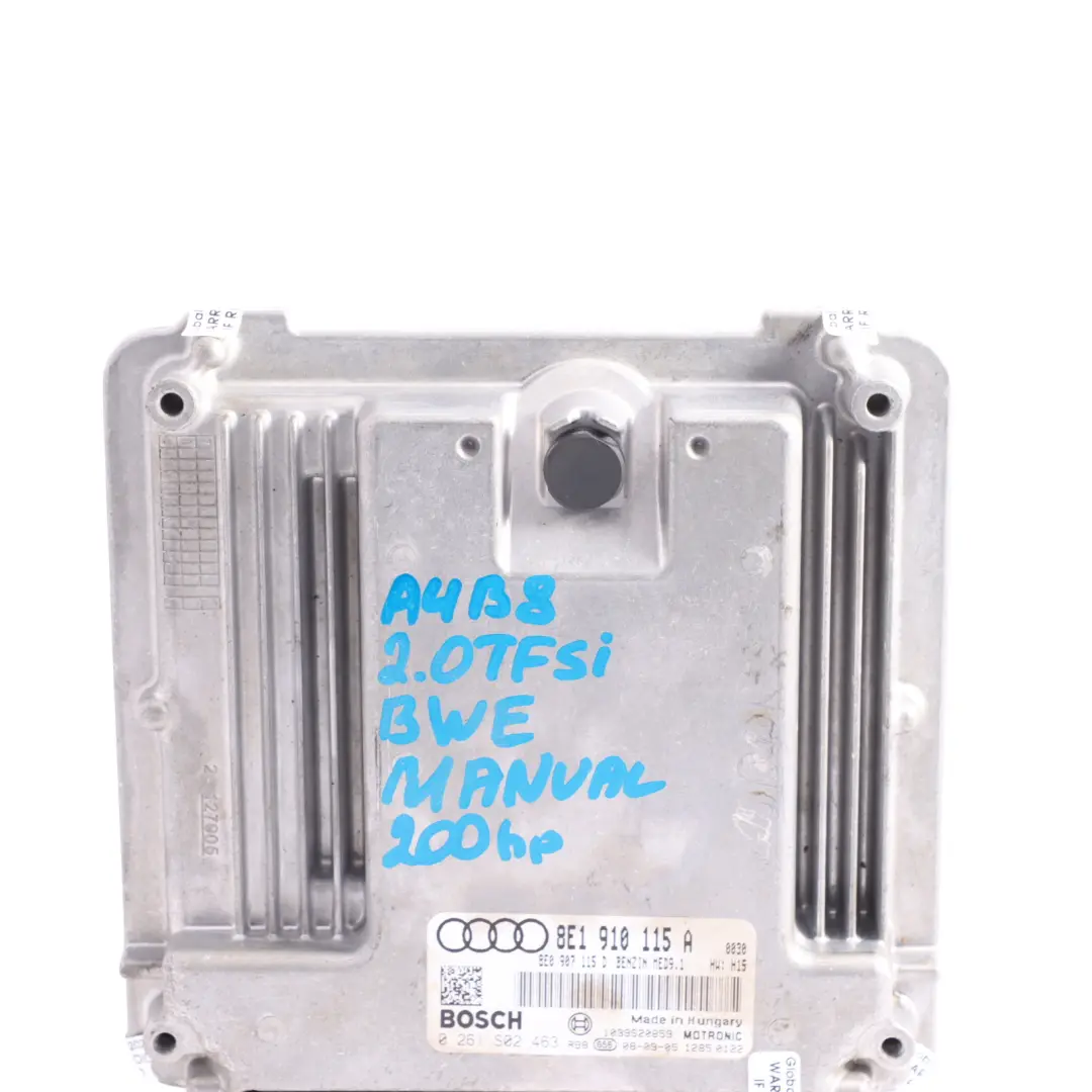 BWE 200HP Engine Control Unit ECU Manual to Audi A4 B7 2.0 TFSI with Part number 8E1910115A Audi A4 B7 2.0 TFSI BWE 200HP Engine Control Unit ECU Manual - SKU 8E1910115A-1 - Part number 8E1910115A