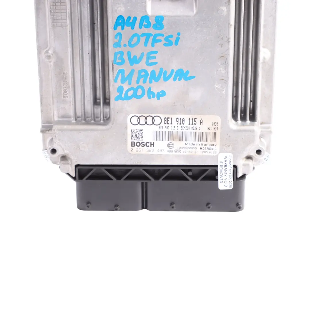 BWE 200HP Engine Control Unit ECU Manual to Audi A4 B7 2.0 TFSI with Part number 8E1910115A Audi A4 B7 2.0 TFSI BWE 200HP Engine Control Unit ECU Manual - SKU 8E1910115A-1 - Part number 8E1910115A
