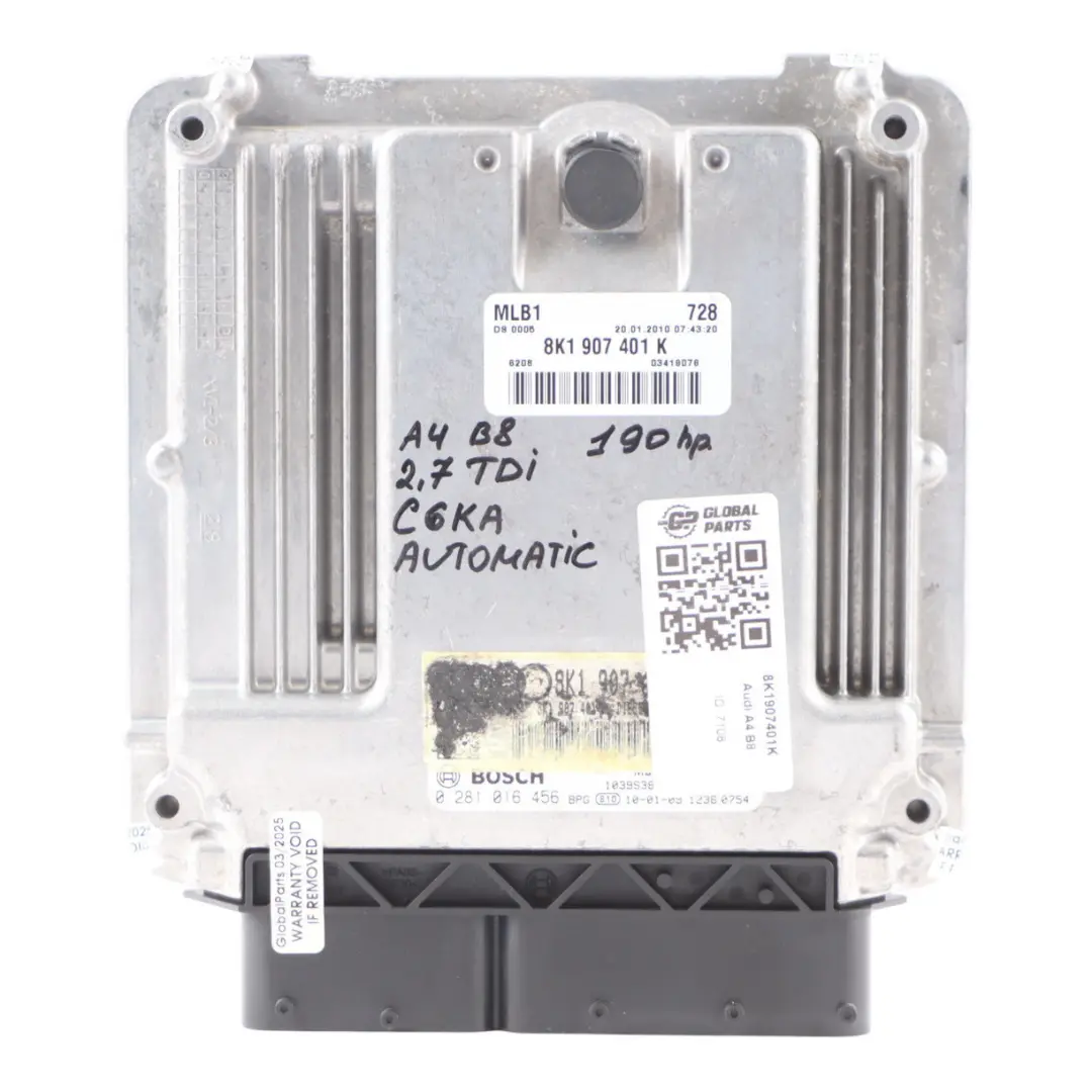 Audi A4 B8 8K A5 8T 2.7 TDI 190HP CGKA Engine Control ECU Automatic - SKU 8K1907401K - Part number 8K1907401K