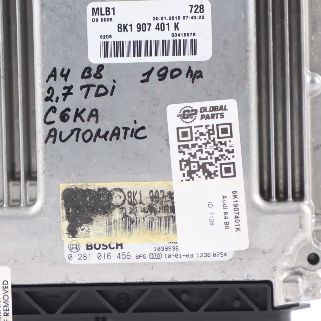 Audi A4 B8 8K A5 8T 2.7 TDI 190HP CGKA Engine Control ECU Automatic - SKU 8K1907401K - Part number 8K1907401K