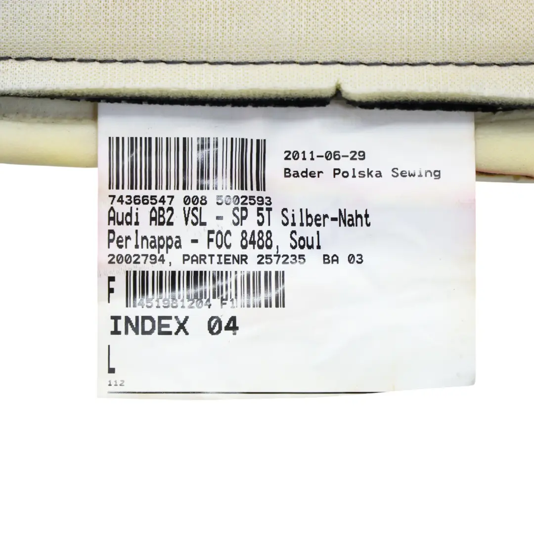 Cuscino Copertura Tessuto Sedile Anteriore Base Sinistro per Audi A3 8P con numero di parte 8P0881405DG Audi A3 8P Cuscino Copertura Tessuto Sedile Anteriore Base Sinistro - SKU 8P0881405DG - Numero di parte 8P0881405DG