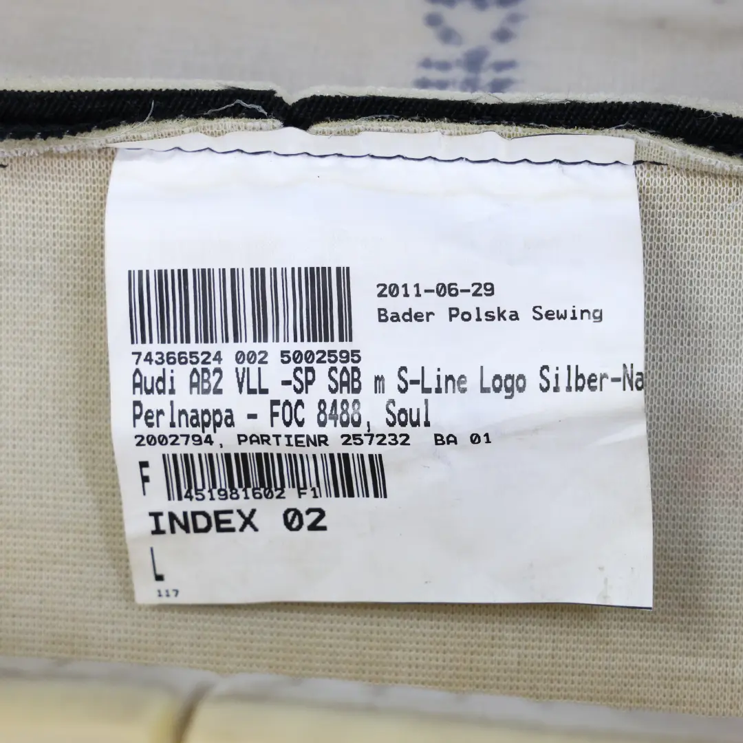 Vordere Rückenlehne Bezug Stoff S Line Links für Audi A3 8P mit Teilenummer 8P0881805CT Audi A3 8P Vordere Rückenlehne Bezug Stoff S Line Links - SKU 8P0881805CT - Teilenummer 8P0881805CT