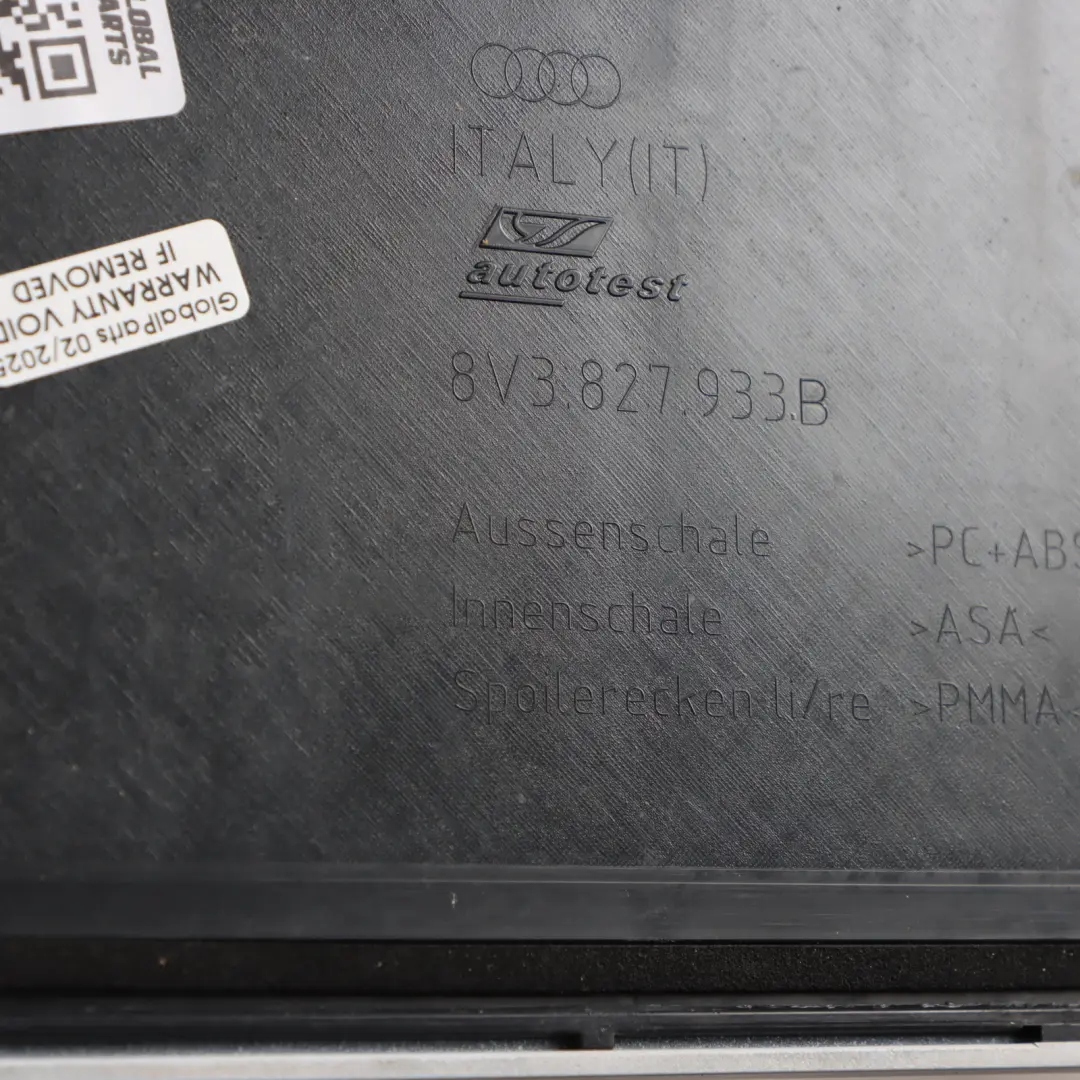 Spoiler Boot Trunk Lid Glacier White Pearl - S9R to Audi A3 8V Rear with Part number 8V3827933D Audi A3 8V Rear Spoiler Boot Trunk Lid Glacier White Pearl - S9R - SKU 8V3827933D-MGW - Part number 8V3827933D