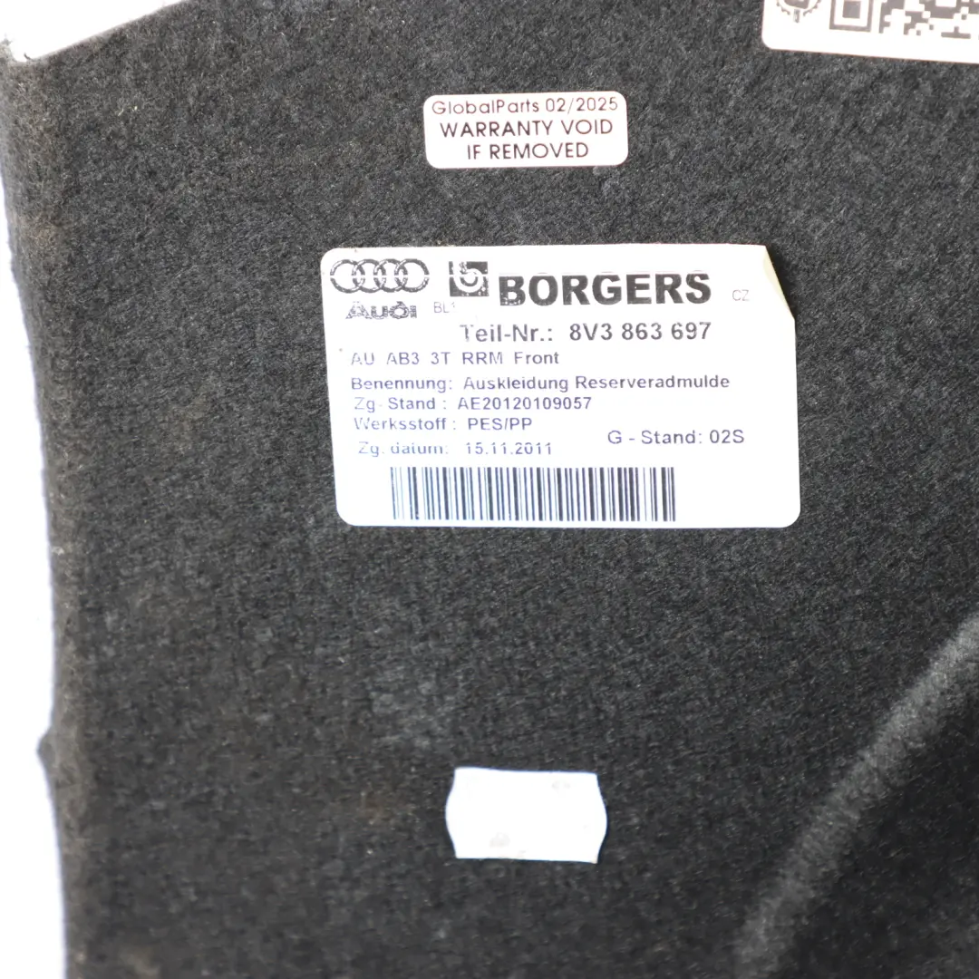 Trunk Floor Cover Spare Wheel Cover Plate Trim Panel to Audi S3 8V with Part number 8V3863697 Audi S3 8V Trunk Floor Cover Spare Wheel Cover Plate Trim Panel - SKU 8V3863697 - Part number 8V3863697