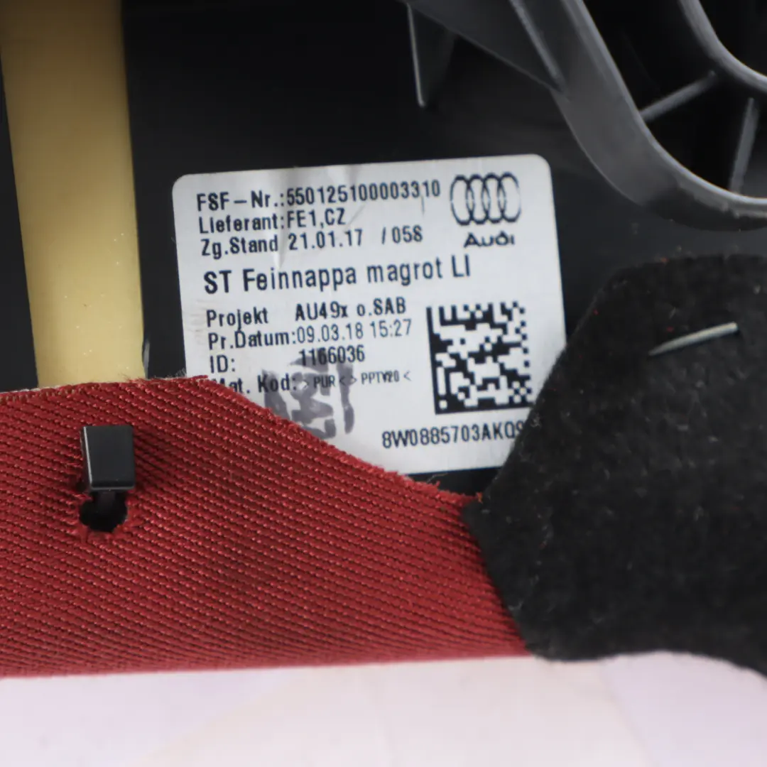 Back Seat Panel Side Bolster Red Leather Rear Left N/S to Audi S4 B9 with Part number 8W0885703AK Audi S4 B9 Back Seat Panel Side Bolster Red Leather Rear Left N/S - SKU 8W0885703AK - Part number 8W0885703AK