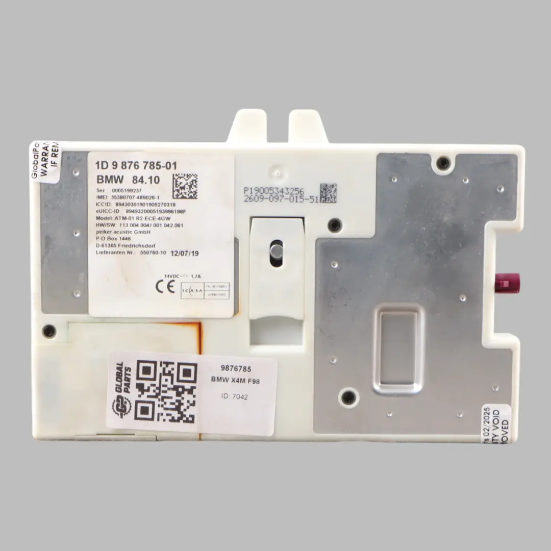 Telematics Module BMW G20 G30 X4 F98 Comunication Unit ATM ECE 4G WLAN to with Part number 9876785 Telematics Module BMW G20 G30 X4 F98 Comunication Unit ATM ECE 4G WLAN - SKU 9876785 - Part number 9876785