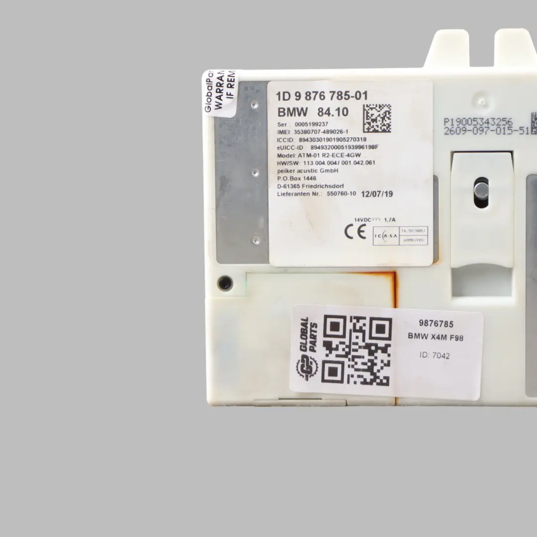 Telematics Module BMW G20 G30 X4 F98 Comunication Unit ATM ECE 4G WLAN to with Part number 9876785 Telematics Module BMW G20 G30 X4 F98 Comunication Unit ATM ECE 4G WLAN - SKU 9876785 - Part number 9876785