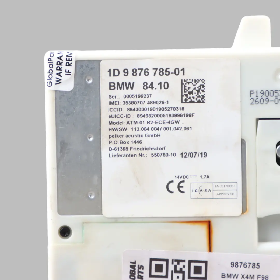 Telematics Module BMW G20 G30 X4 F98 Comunication Unit ATM ECE 4G WLAN to with Part number 9876785 Telematics Module BMW G20 G30 X4 F98 Comunication Unit ATM ECE 4G WLAN - SKU 9876785 - Part number 9876785