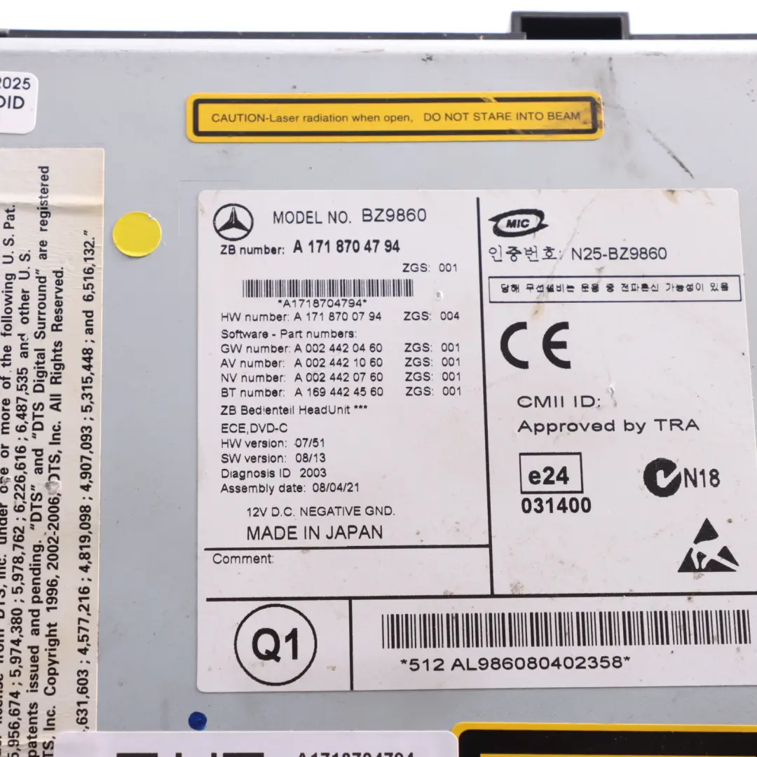 Mercedes SLK R171 Radio Comand Nav CD Player Control Head Unit - SKU A1718704794 - Part number A1718704794