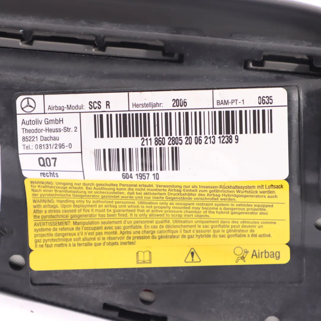Module Air Siège Mercedes W211 CLS W219 Côté Avant Droit SRS pour à propos du numéro de pièce A2118602805 Module Air Siège Mercedes W211 CLS W219 Côté Avant Droit SRS - SKU A2118602805-2 - Numéro de pièce A2118602805