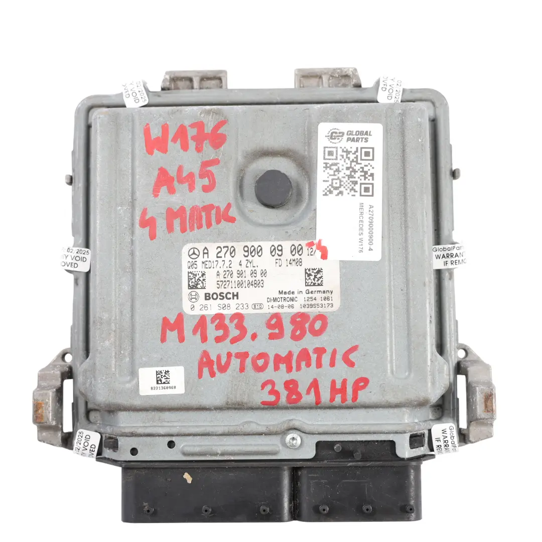 A45 4Matic M133.980 381HP Engine Control ECU Automatic to Mercedes W176 with Part number A2709000900 Mercedes W176 A45 4Matic M133.980 381HP Engine Control ECU Automatic - SKU A2709000900-4 - Part number A2709000900