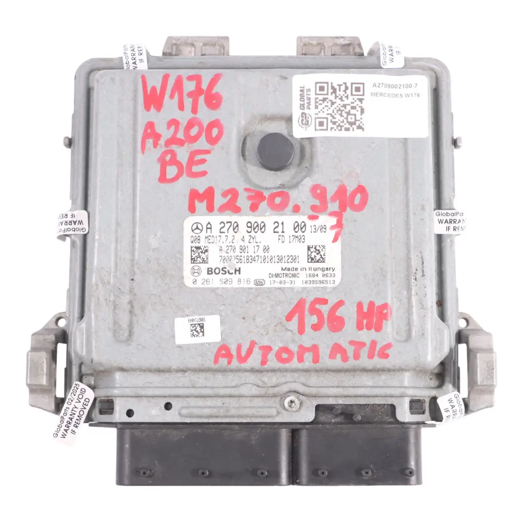 A200 BlueEFFICIENCY 270.910 156HP Engine ECU Module to Mercedes W176 with Part number A2709002100 Mercedes W176 A200 BlueEFFICIENCY 270.910 156HP Engine ECU Module - SKU A2709002100-7 - Part number A2709002100