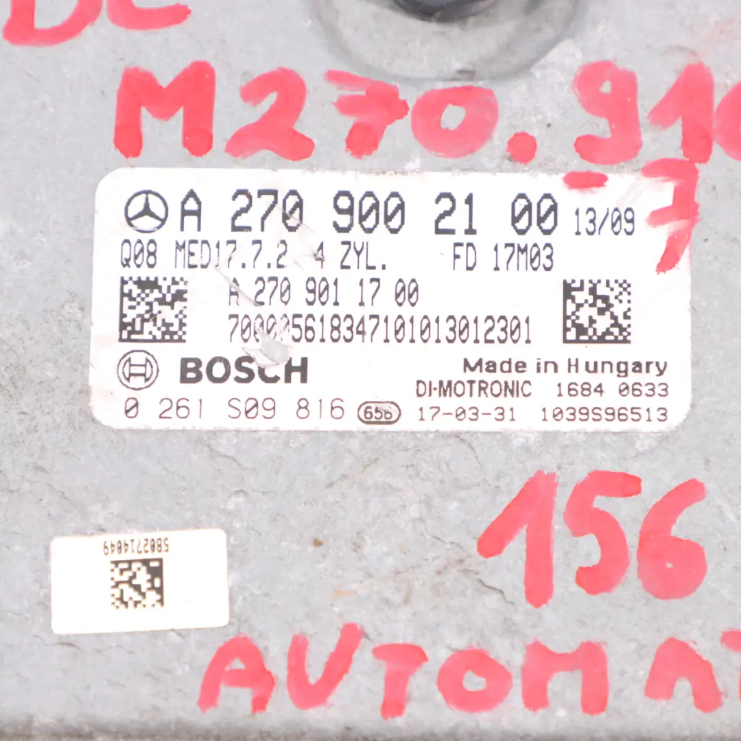 A200 BlueEfficiency 270.910 156HP Motor ECU Modul für Mercedes W176 mit Teilenummer A2709002100 Mercedes W176 A200 BlueEfficiency 270.910 156HP Motor ECU Modul - SKU A2709002100-7 - Teilenummer A2709002100