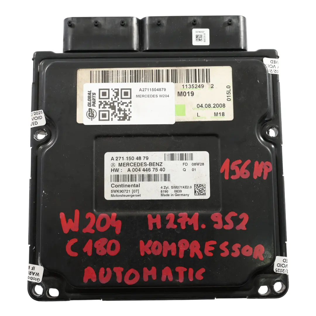 Mercedes W204 C180 Kompressor 271.952 156HP Engine Control Unit ECU - SKU A2711504879 - Part number A2711504879