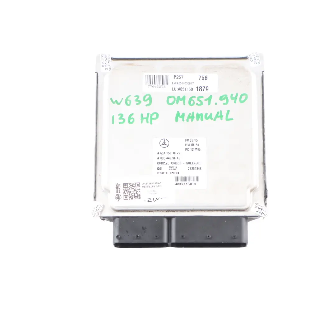 OM651.940 136HP 113 CDI Engine Unit ECU Kit Key Lock Mercedes W639 - SKU A6511501879-6 - Part number A6511501879