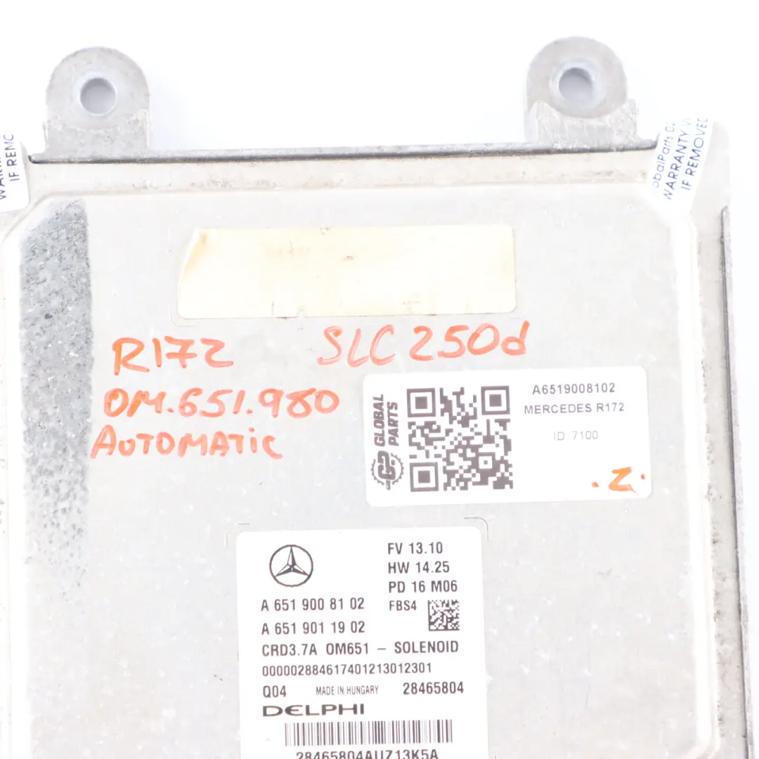 250d R172 OM651.980 204HP Engine Control ECU Automatic to Mercedes SLC with Part number A6519008102 Mercedes SLC 250d R172 OM651.980 204HP Engine Control ECU Automatic - SKU A6519008102 - Part number A6519008102
