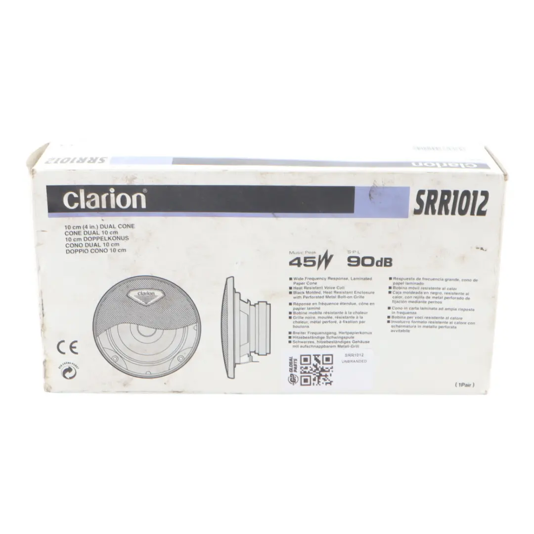 Clarion Dual Cone Audio Stereo Speaker Set 45W 90dB 10cm to with Part number SRR1012 Clarion Dual Cone Audio Stereo Speaker Set 45W 90dB 10cm - SKU SRR1012 - Part number SRR1012