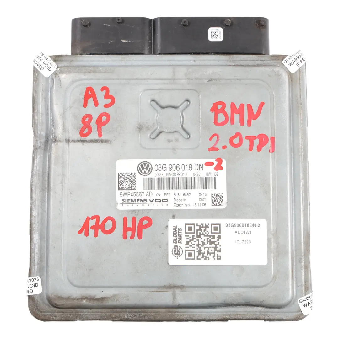 170HP BMN Unidad Control Motor ECU Automático para Audi A3 8P 2.0 TDI con número de pieza 03G906018DN Audi A3 8P 2.0 TDI 170HP BMN Unidad Control Motor ECU Automático - SKU 03G906018DN-2 - Número de pieza 03G906018DN
