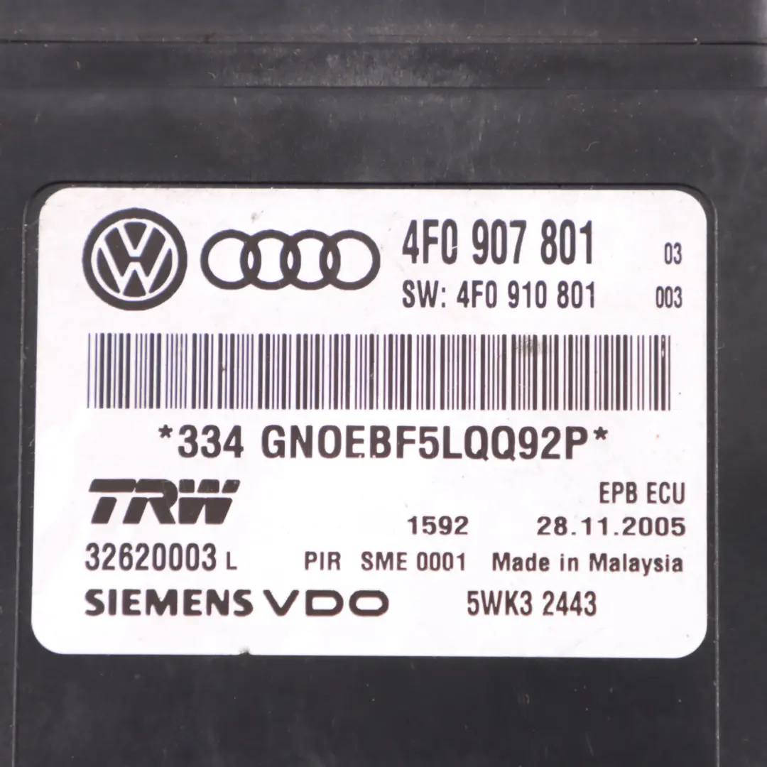Feststell Bremse Hand Bremse Modul Steuergerät für Audi A6 C6 mit Teilenummer 4F0907801 Audi A6 C6 Feststell Bremse Hand Bremse Modul Steuergerät - SKU 4F0907801 - Teilenummer 4F0907801