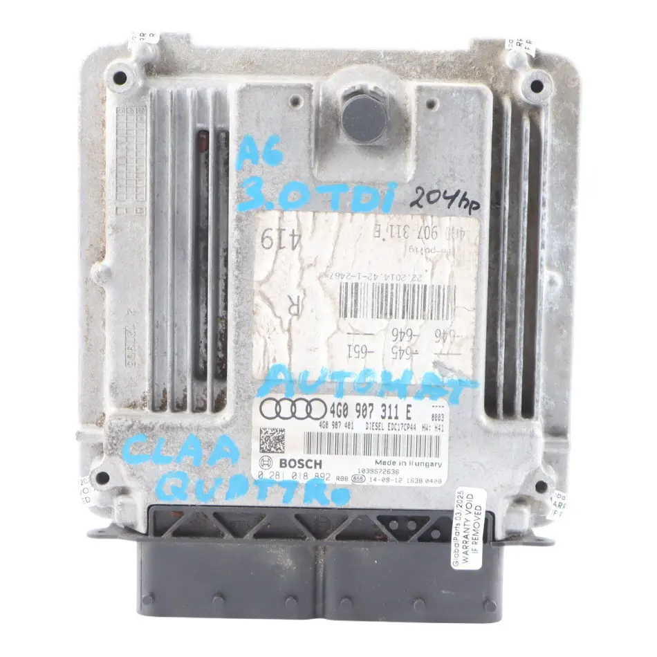 CLAA 204 HP Engine Control ECU Automatic to Audi A6 C7 3.0 TDI Quattro with Part number 4G0907311E Audi A6 C7 3.0 TDI Quattro CLAA 204 HP Engine Control ECU Automatic - SKU 4G0907311E - Part number 4G0907311E