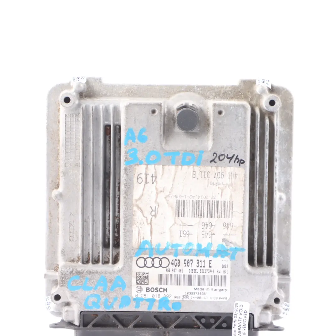 CLAA 204 HP Engine Control ECU Automatic to Audi A6 C7 3.0 TDI Quattro with Part number 4G0907311E Audi A6 C7 3.0 TDI Quattro CLAA 204 HP Engine Control ECU Automatic - SKU 4G0907311E - Part number 4G0907311E