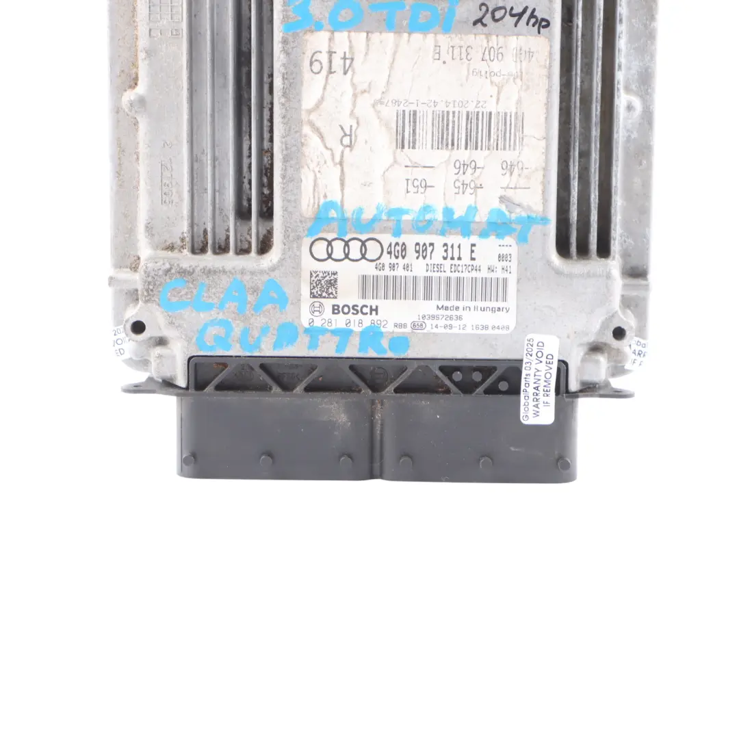 Audi A6 C7 3.0 TDI Quattro CLAA 204 HP Engine Control ECU Automatic - SKU 4G0907311E - Part number 4G0907311E