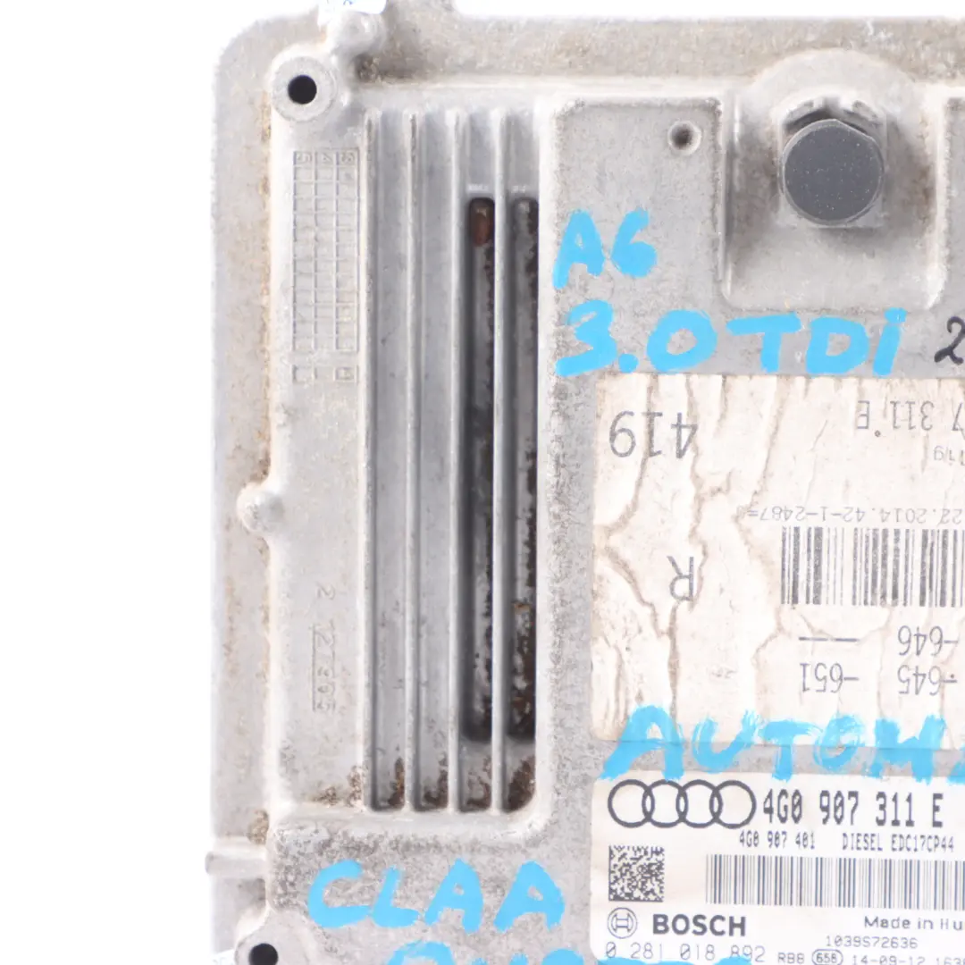 Audi A6 C7 3.0 TDI Quattro CLAA 204 HP Engine Control ECU Automatic - SKU 4G0907311E - Part number 4G0907311E